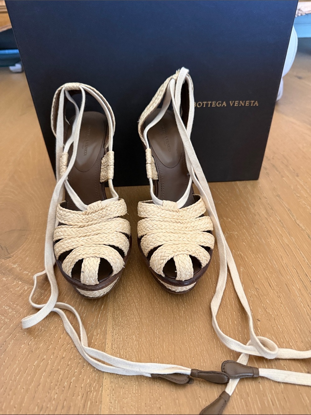 Bottega Veneta Natural Braided Espadrille Wedge Sandals with Ankle Ties